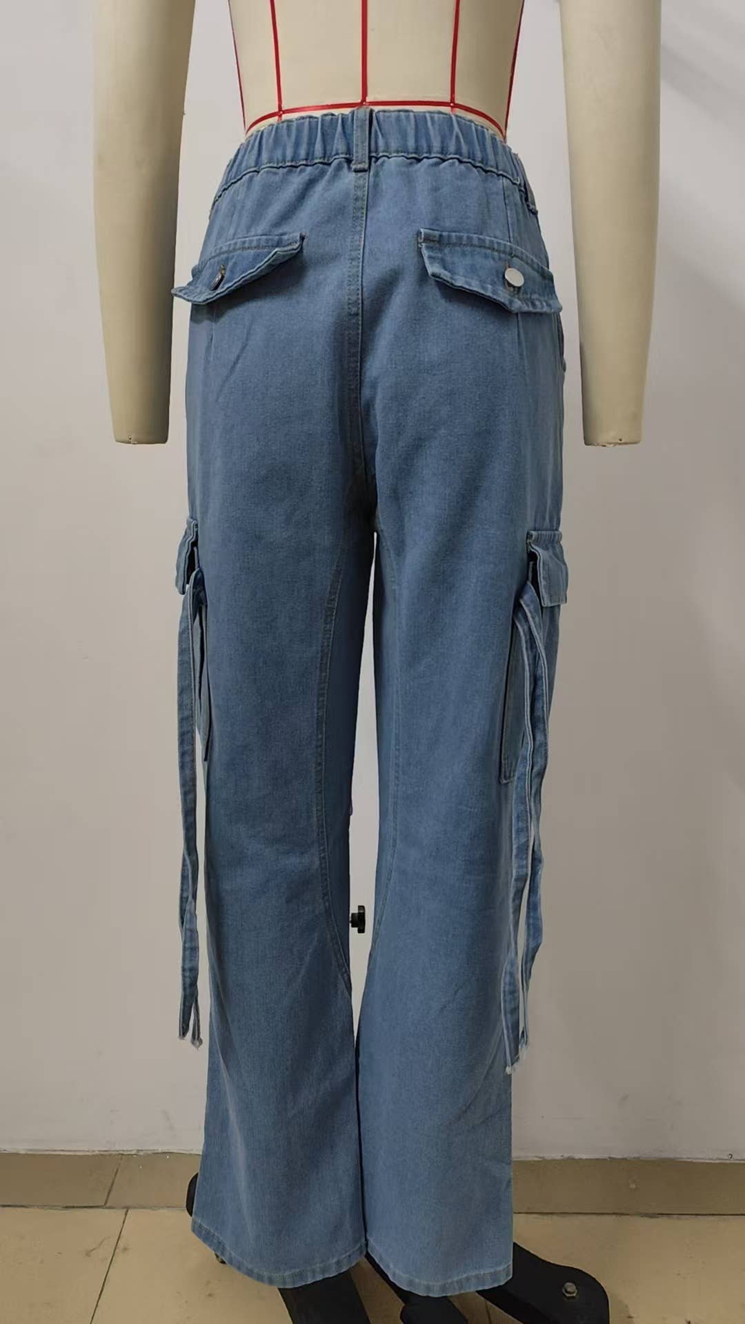 Washed work pants ribbon denim casual pants
