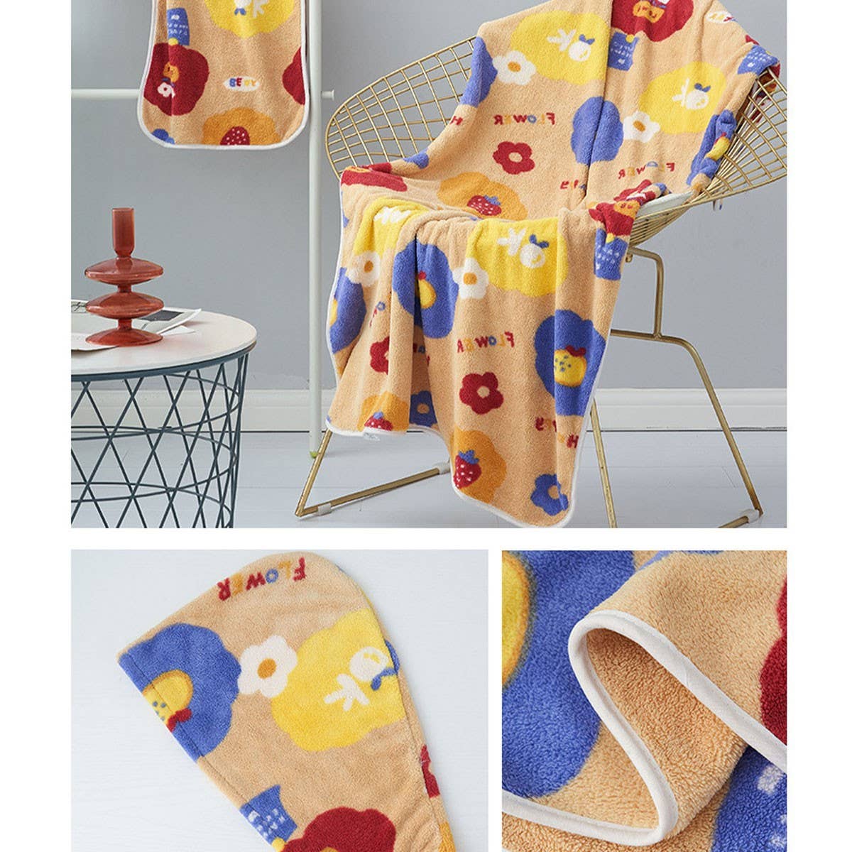 CORAL FLEECE PRINTED SHOWER CAP TOWEL BATH TOWEL