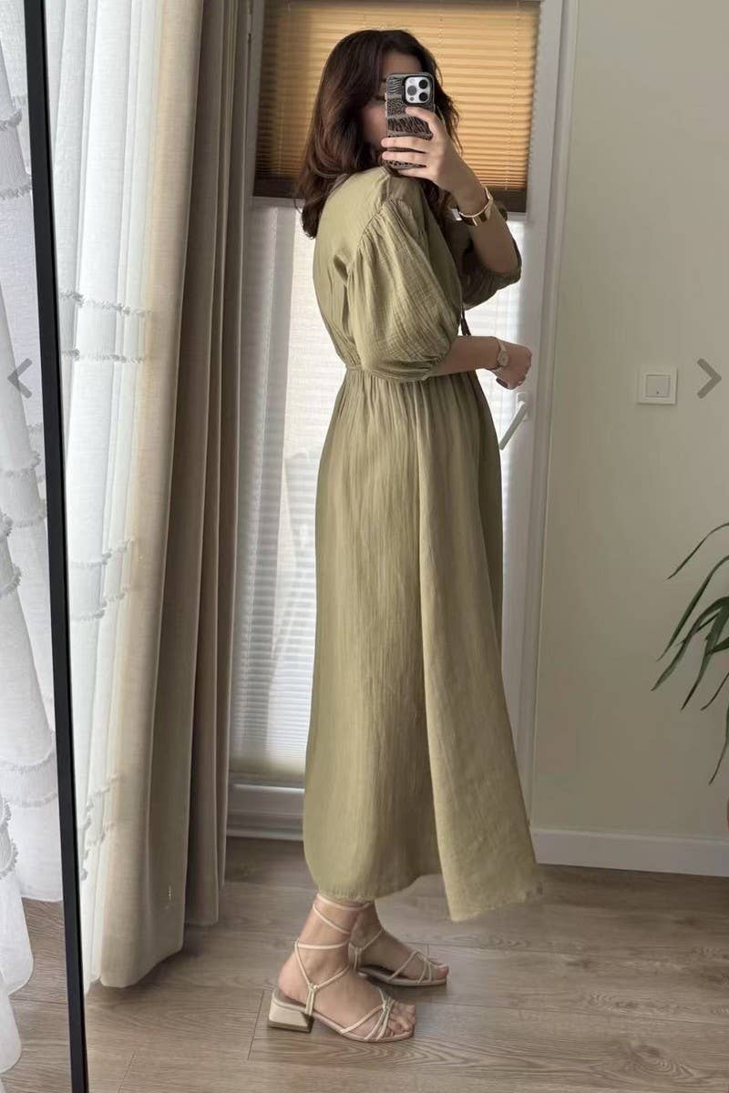 CWDMD5840_V-NECK PUFF SLEEVE SLIM FIT A-LINE DRESS