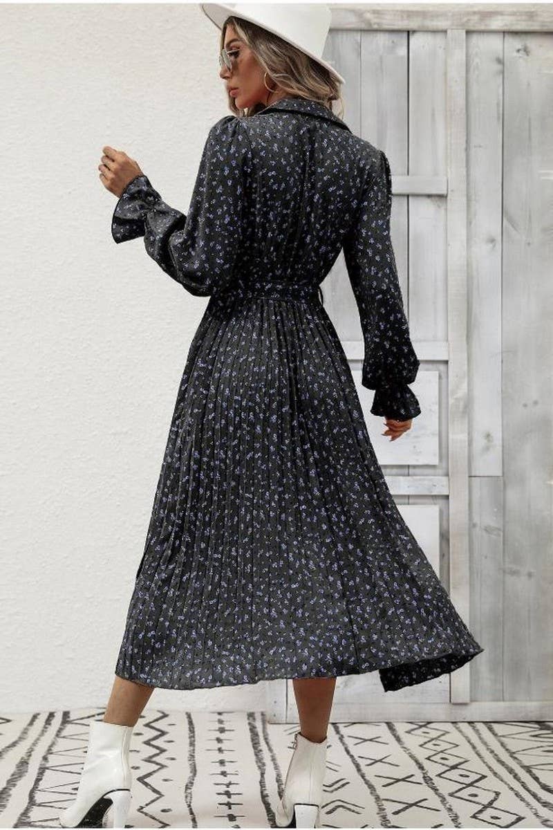 CWDMD4102_TIE-STRAP PLEATED LONG-SLEEVED SWING DRESS