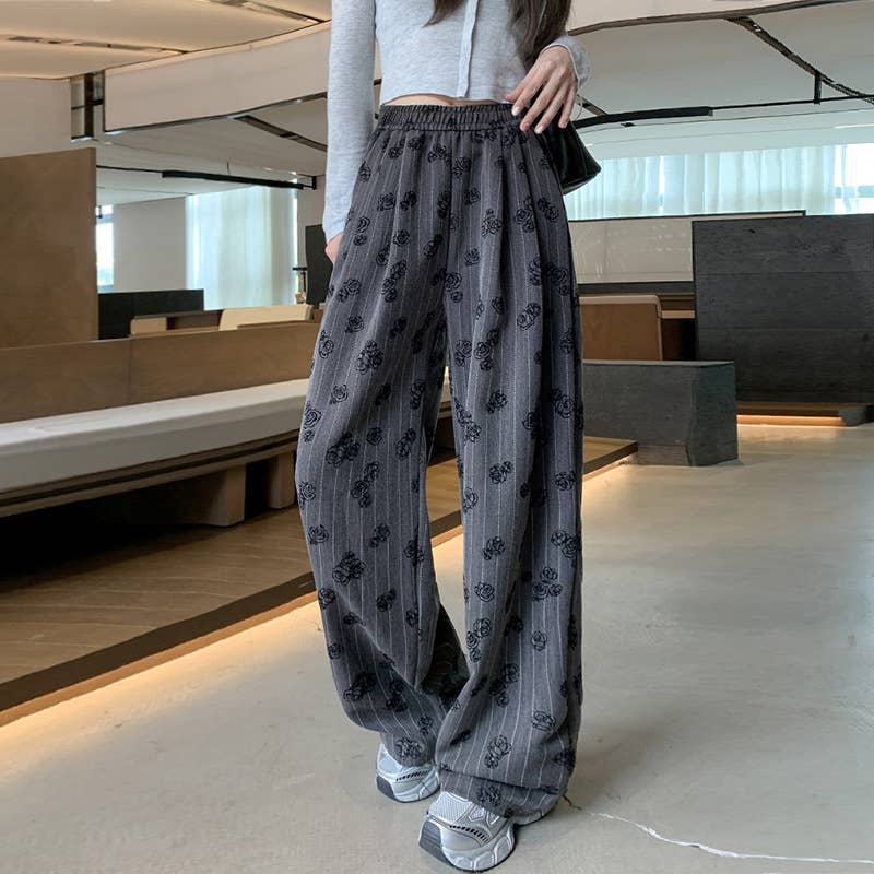 FLORAL PRINT ELASTIC WAIST STRAIGHT LEG PANTS