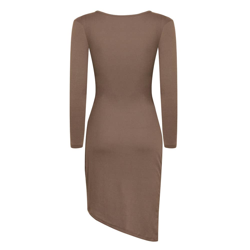 V-neck long-sleeved solid color irregular dress