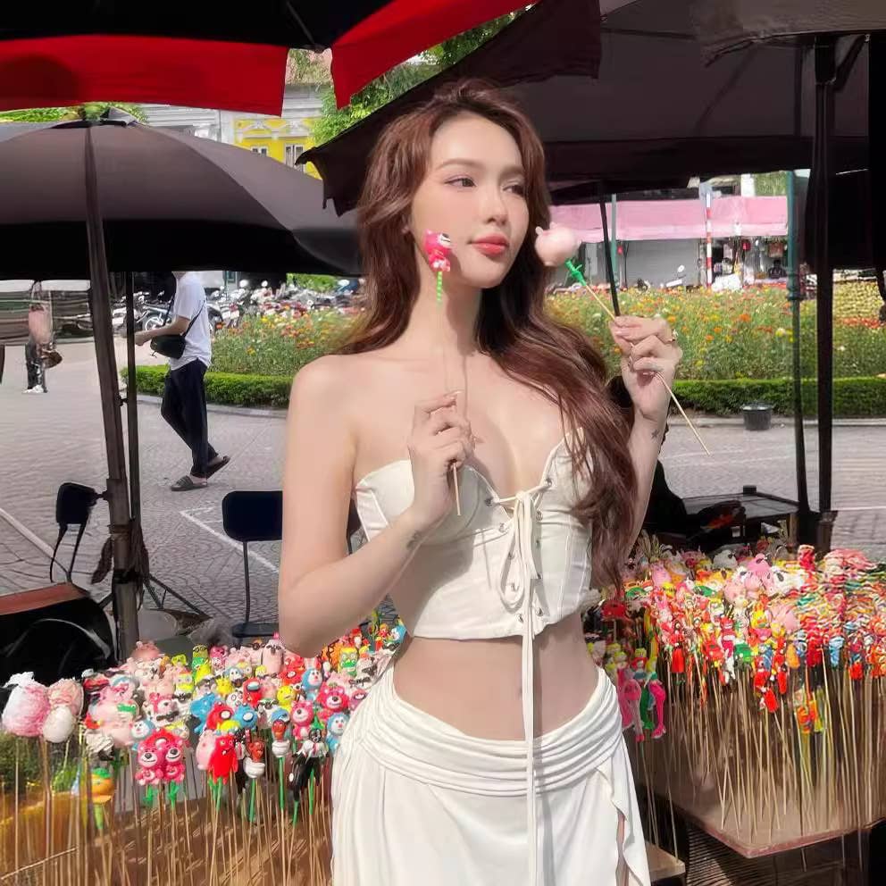 Ruched tube top and low waist slit skirt set