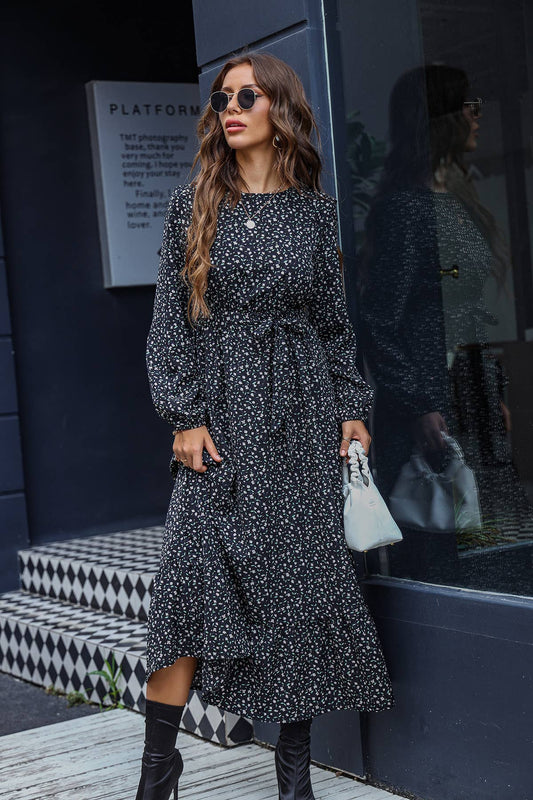 Elegant commuting round-neck lace-up dress