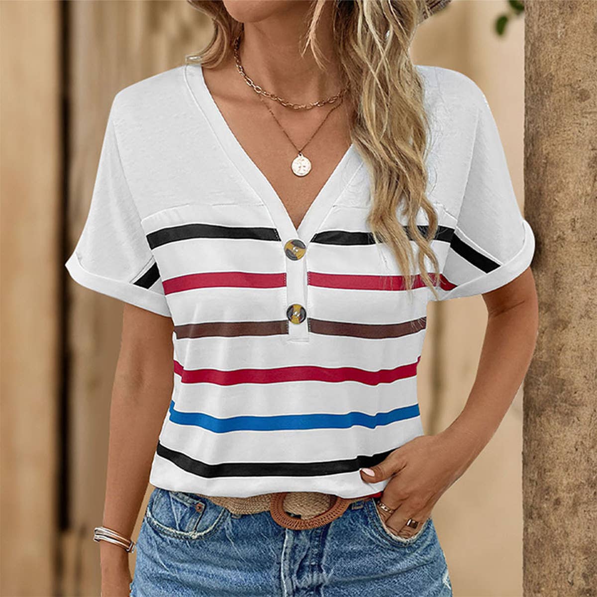 V-NECK SHORT SLEEVE STRIPED T-SHIRT WITH SHOULDER