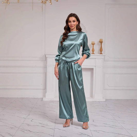 Round-neck satin loose top trousers casual set