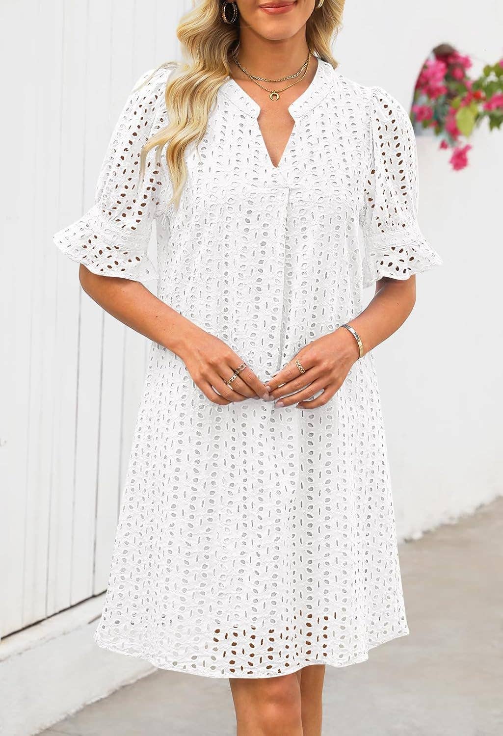 RETRO V-NECK CRINKLED CUT-OUT DRESS_CWDSD10651