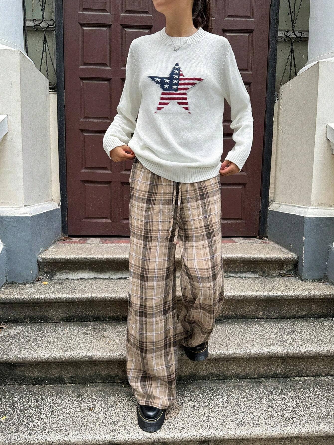 PLAID CASUAL HIGH-WAISTED STRAIGHT-LEG PANTS