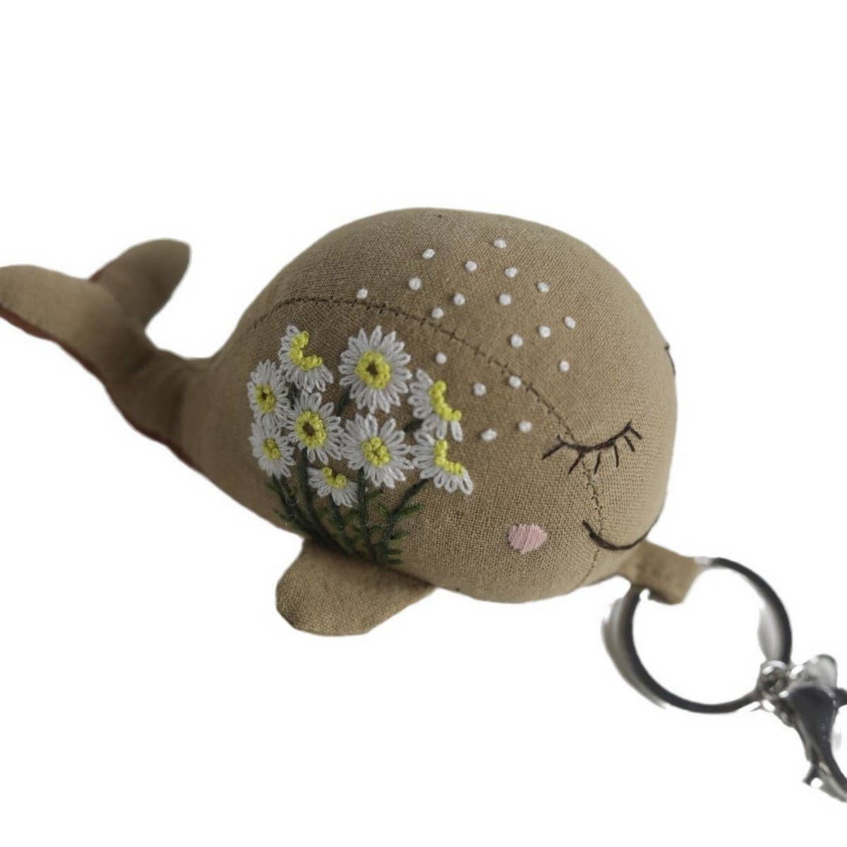 Hand-Embroidered White Flower Whale Plush Charm