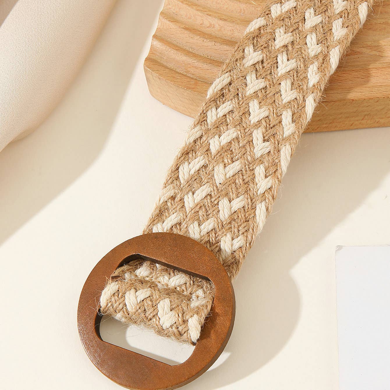 Wooden buckle cotton and linen style woven belt