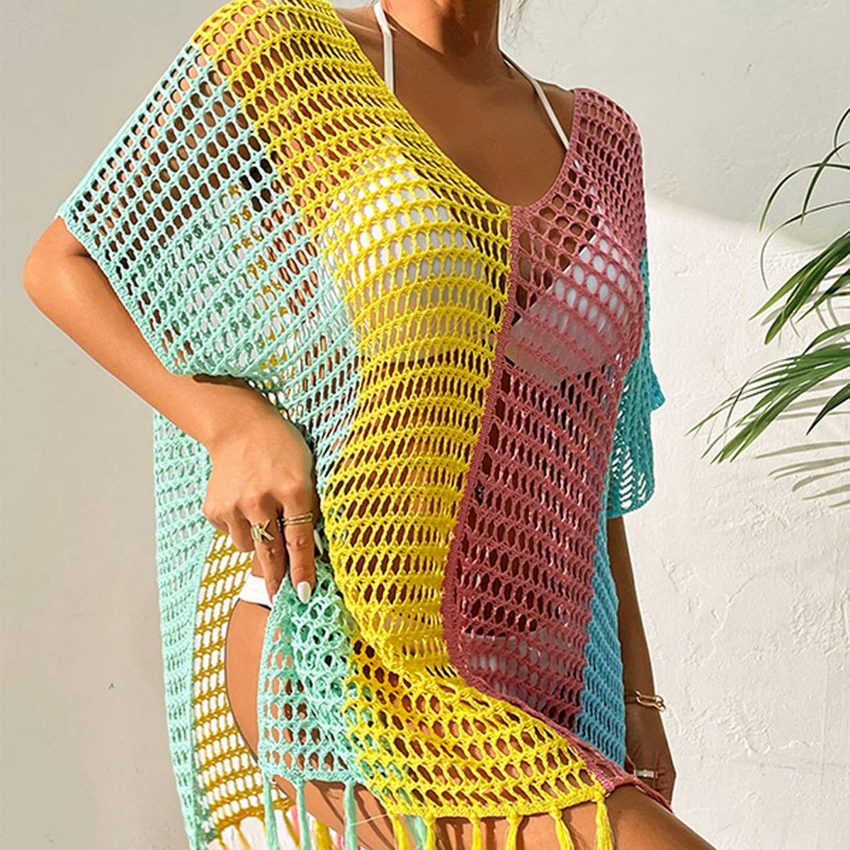 COLORFUL SEXY TASSEL HOLLOW BIKINI BEACH COVER-UP