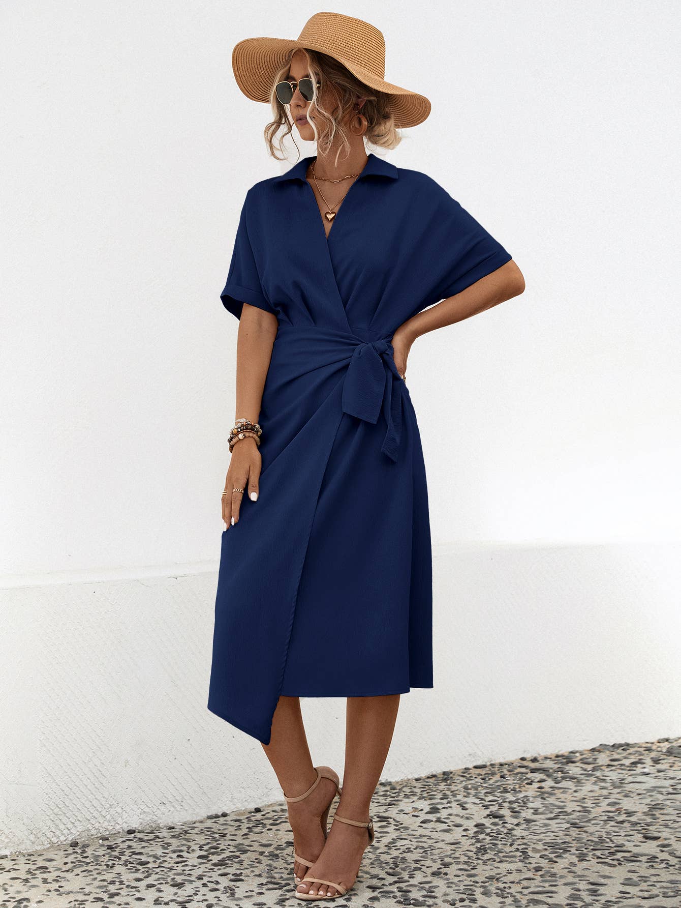LAPEL WRAP SHORT SLEEVE LONG DRESS
