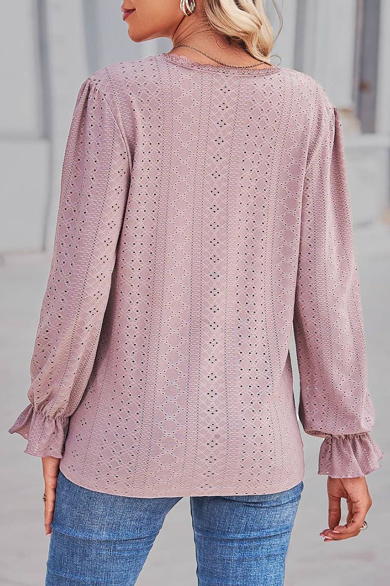 WOMEN LACE TRIM NECK EYELET LONG SLEEVE SHIRT TOP_CWTSTL0301
