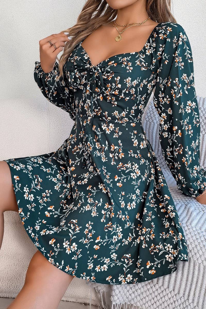 CWDSD7221_CASUAL SQUARE NECK FLORAL LONG SLEEVE A-LINE DRESS