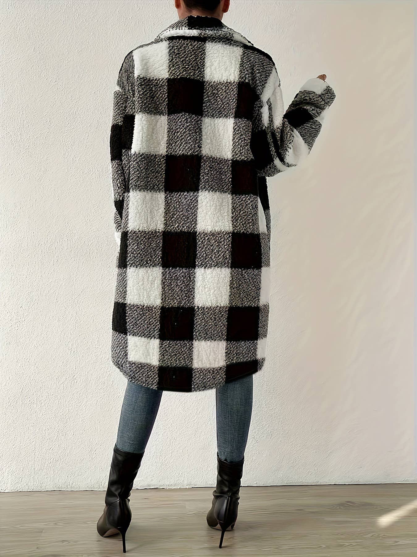 Double-sided plush checkered long lapel cardigan
