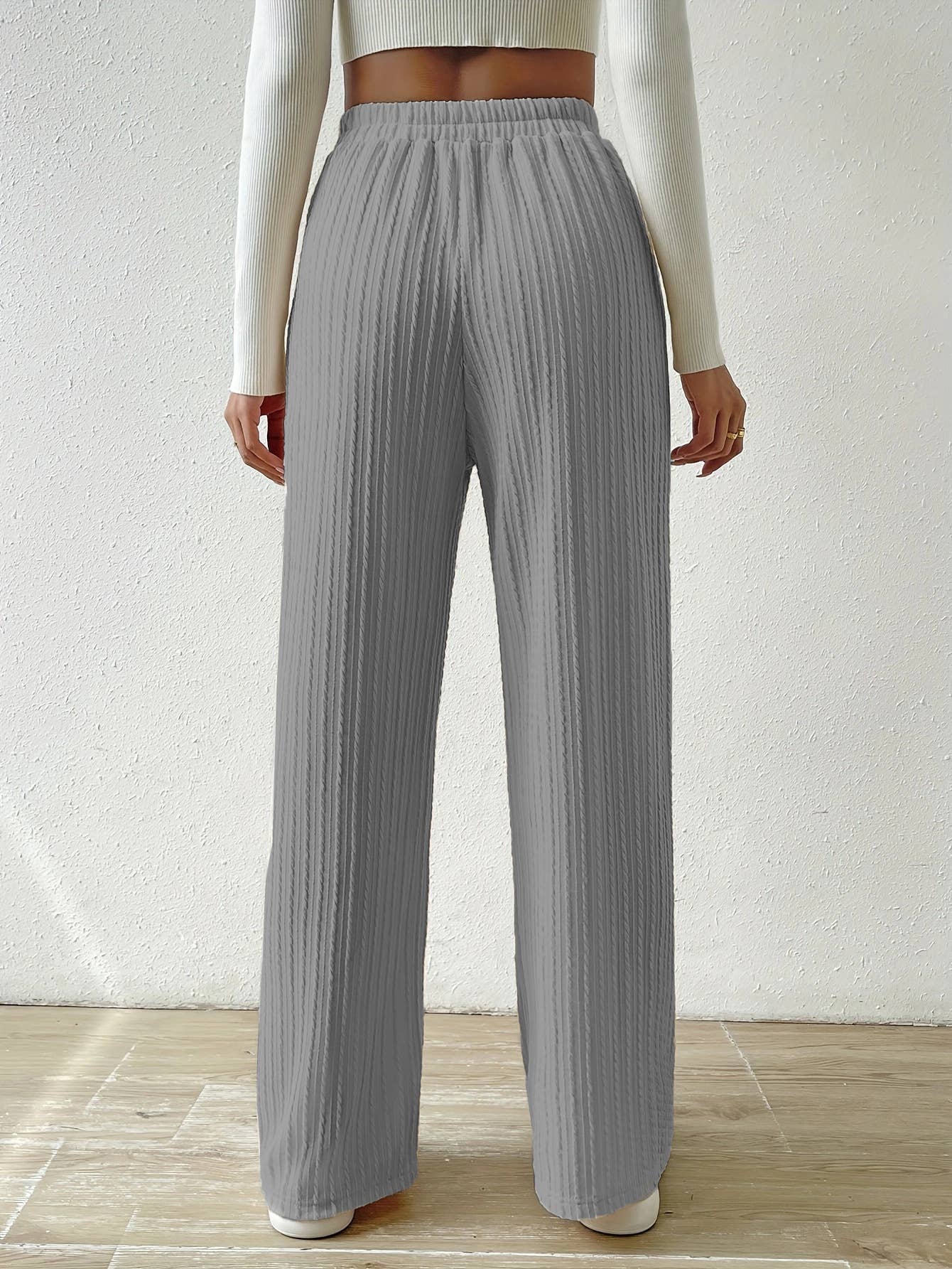 KNIT WIDE LEG STRAIGHT PANTS WITH WAIST TEXTURE