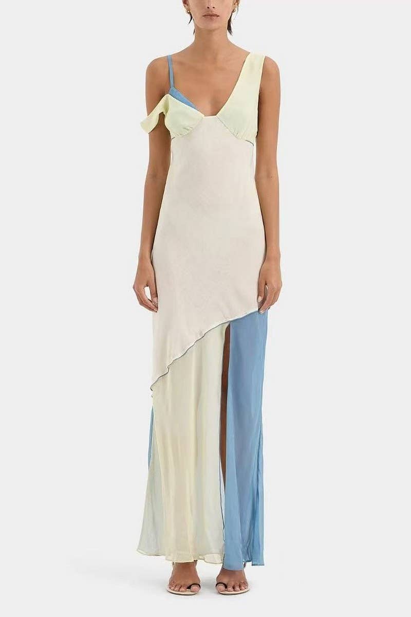 CWDMD6072_V-NECK COLORBLOCK CAMI SEXY SLIT DRESS