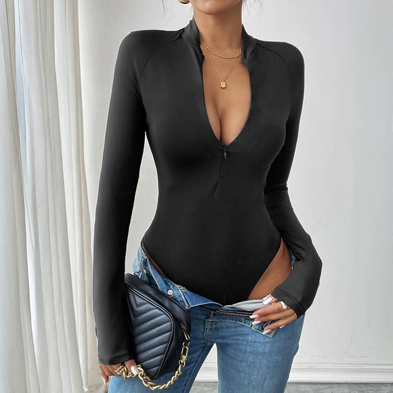Elegant zippered stand-up collar jumpsuit