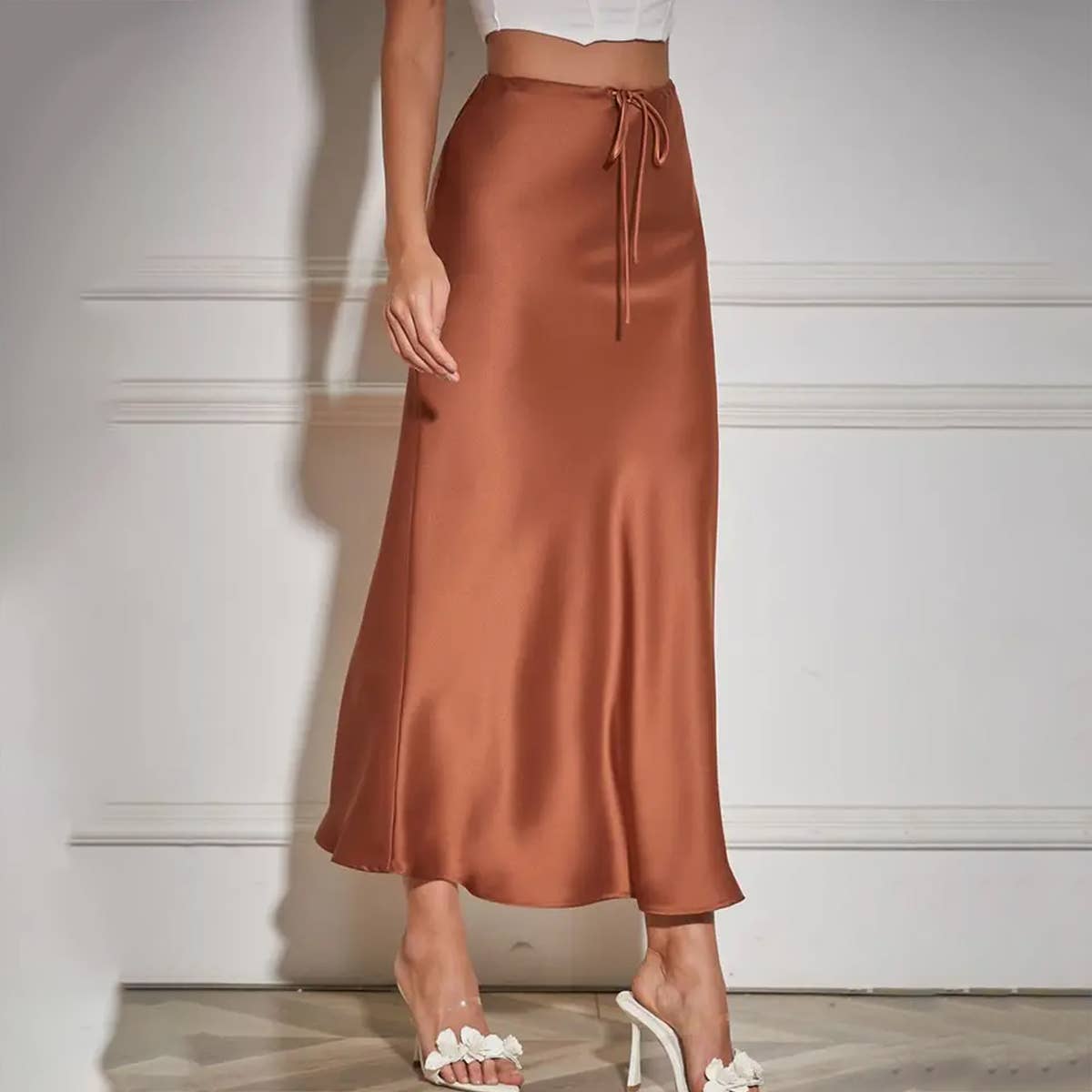 SATIN HIGH WAIST DRAWSTRING SOLID COLOR SKIRT