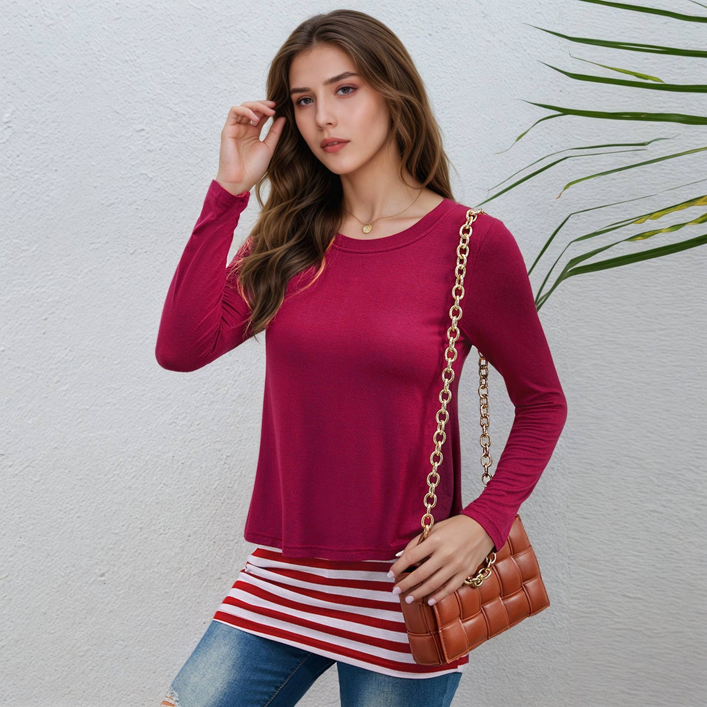 Two fake round-neck striped patchwork T-shirts