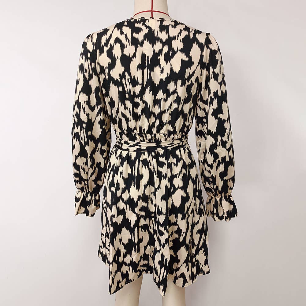 LACE-UP PRINT SLIT V-NECK LONG-SLEEVED DRESS