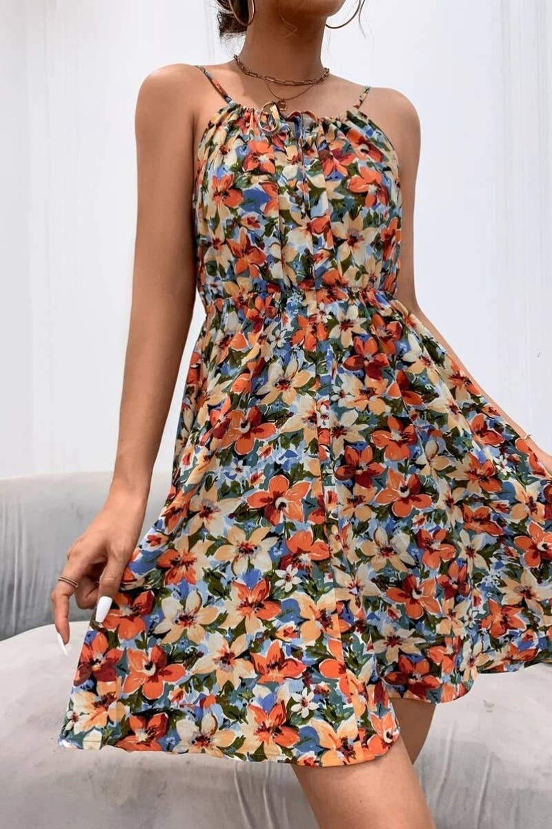 CWDHL0538_SUMMER SLEEVELESS PRINT HALTER DRESS SHORT