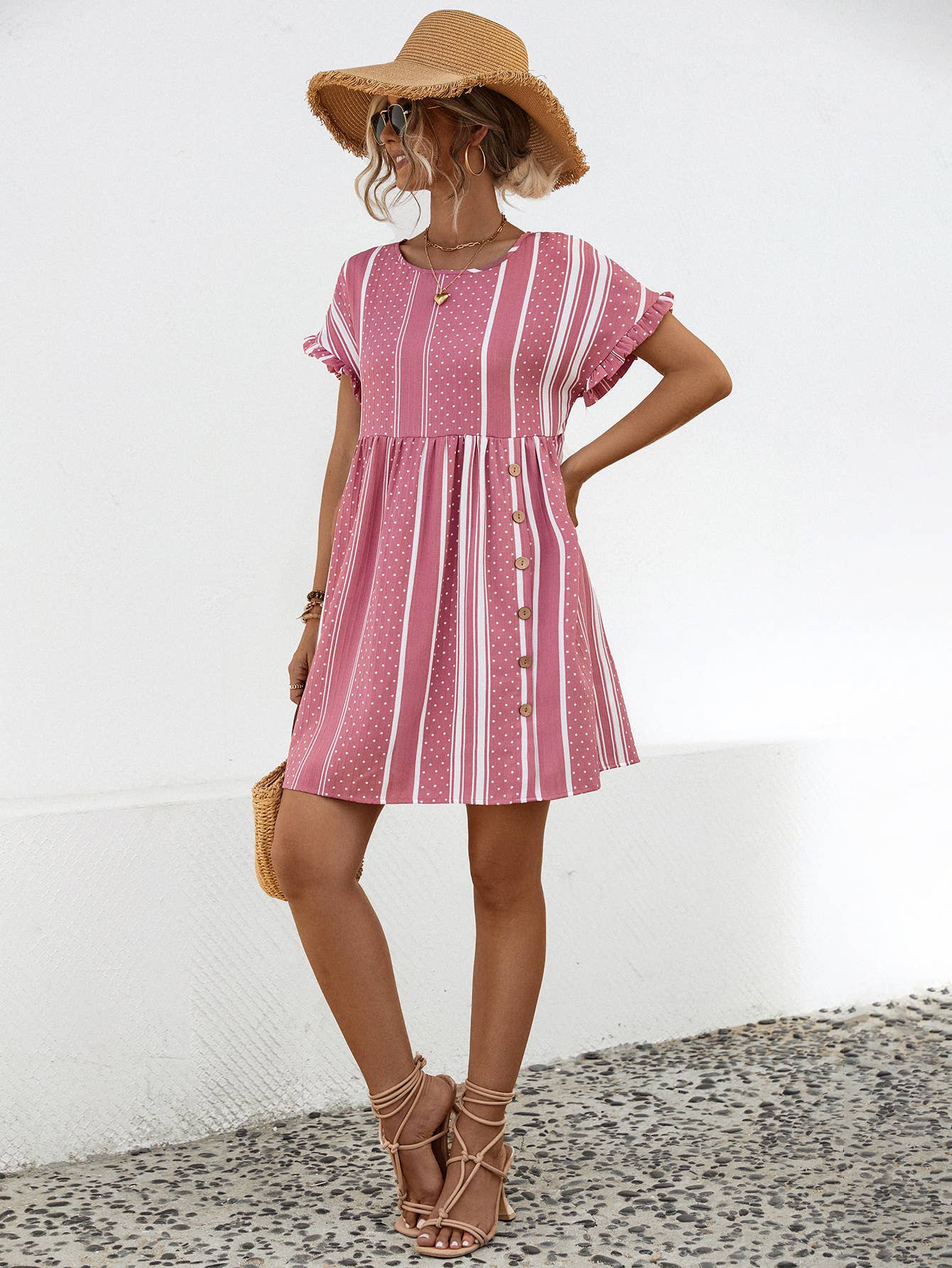 Round neck high waist button-up short dress