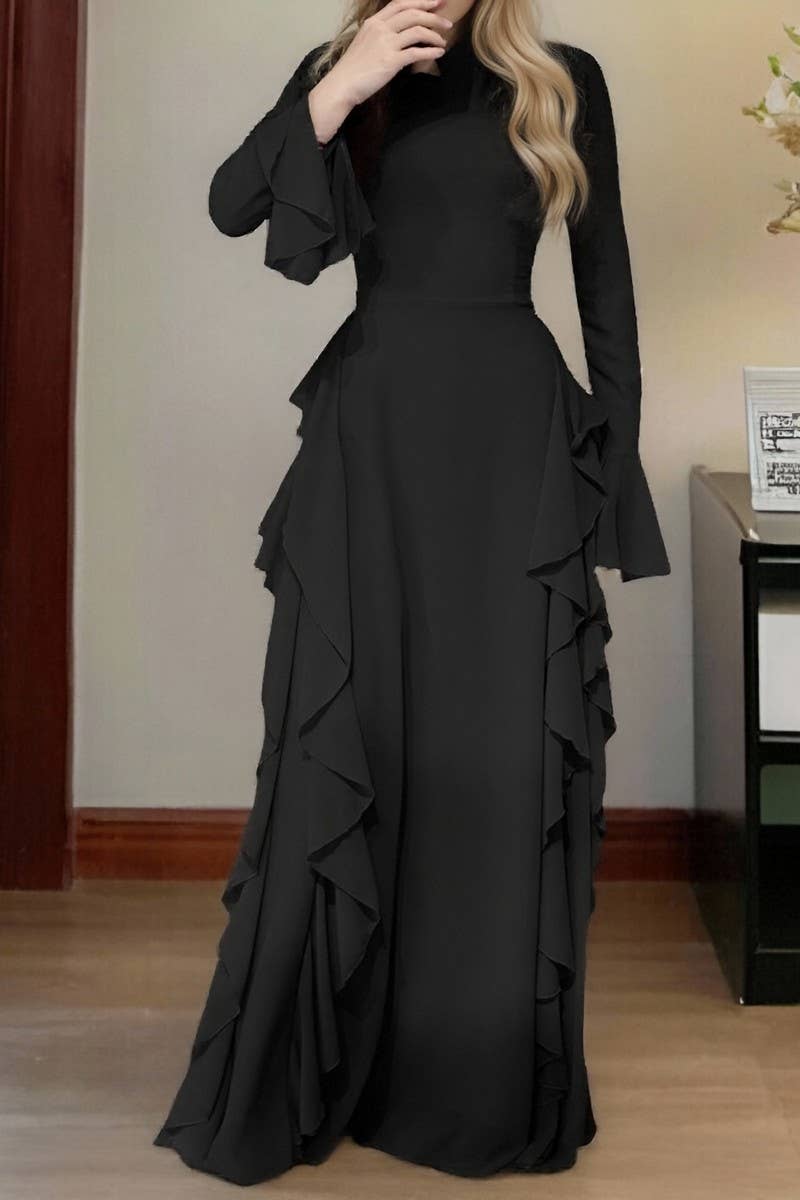 CWDMD6445_CASUAL HIGH WAIST TRUMPET SLEEVE DRESS