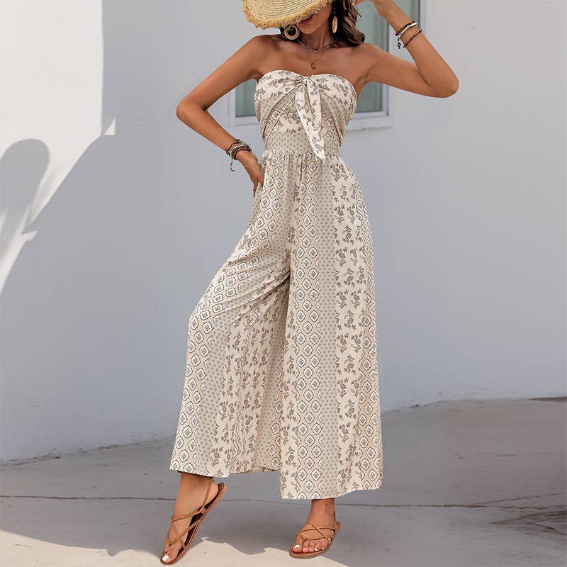 Ethnic print casual chaste wide leg jumpsuit