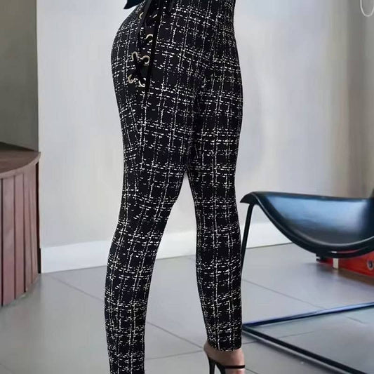 High-waisted side bone drawstring printed pants