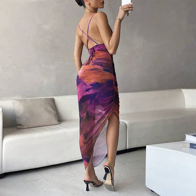Tie-Dye Drawstring Bodycon Mesh Midi Dress