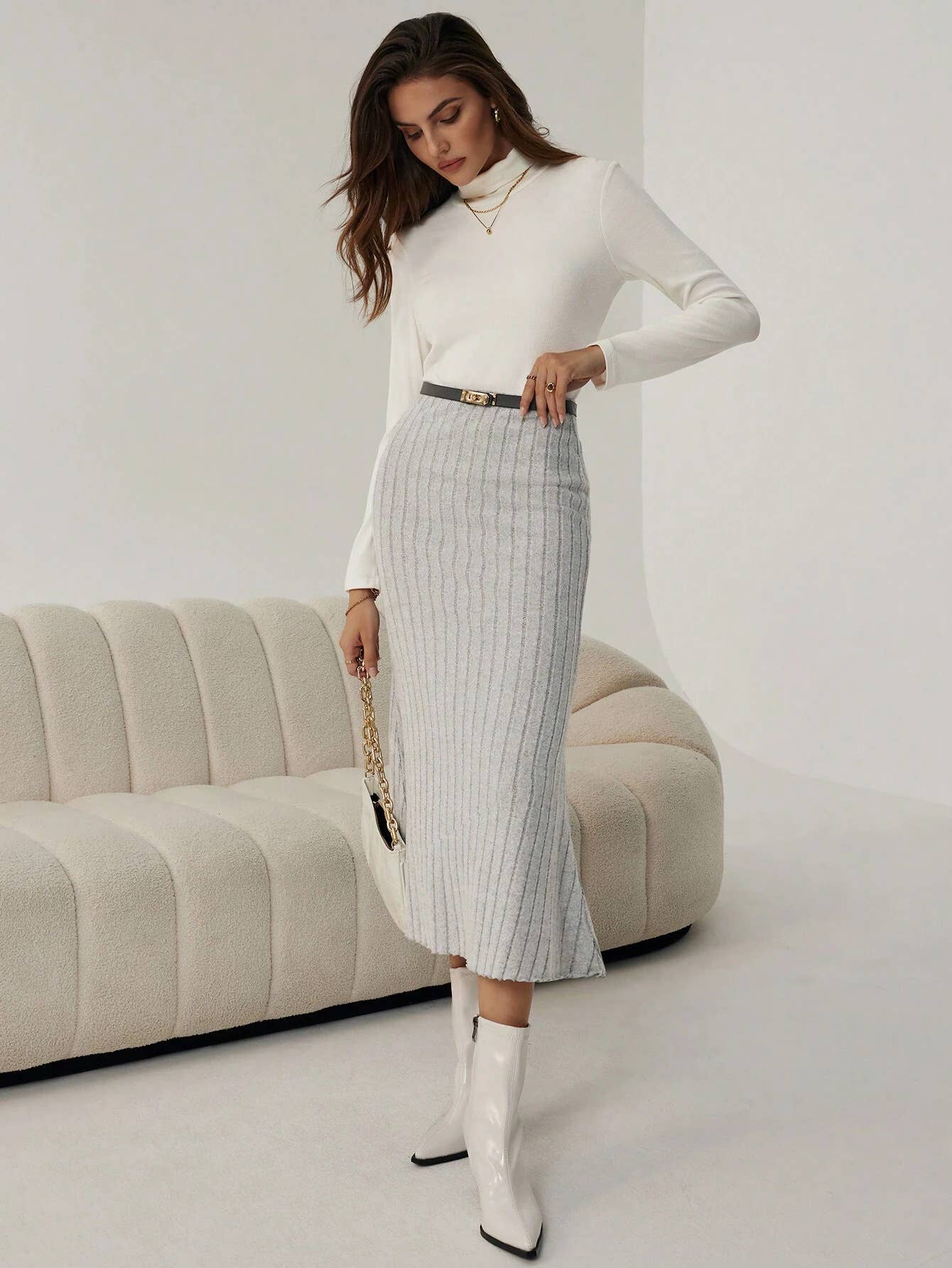 HIGH WAIST KNIT JACQUARD STRETCH WRAP HIP SKIRT