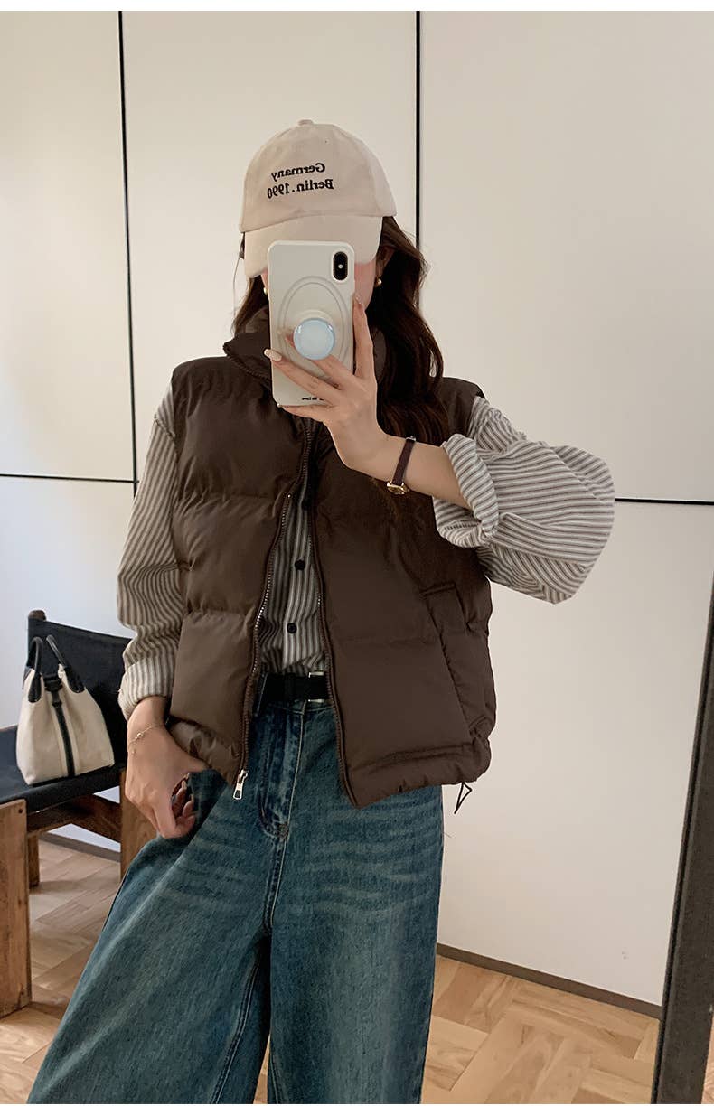 Solid-color stand-up collar thickened waistcoat