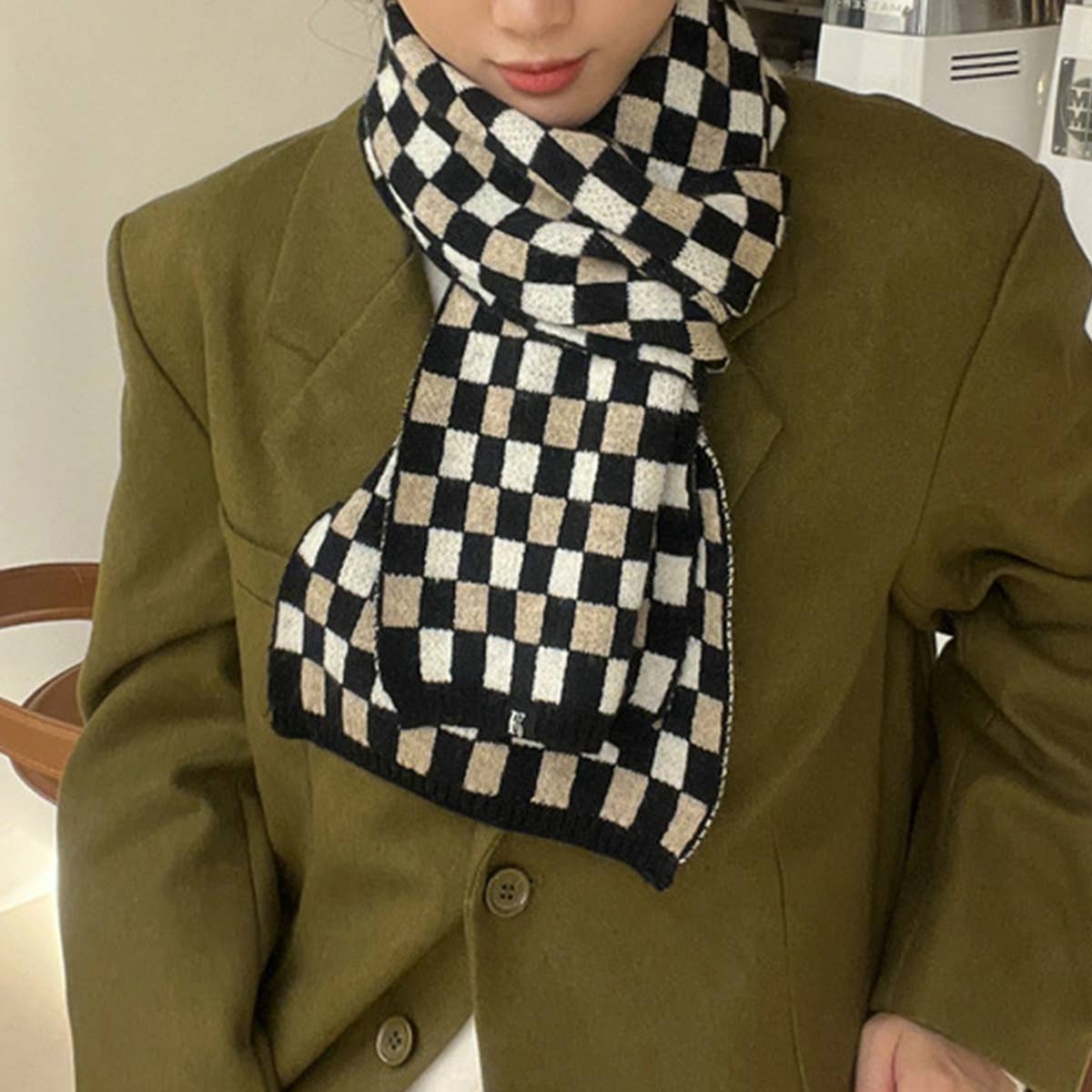 Colorblock Checkered Knit Scarf for Women