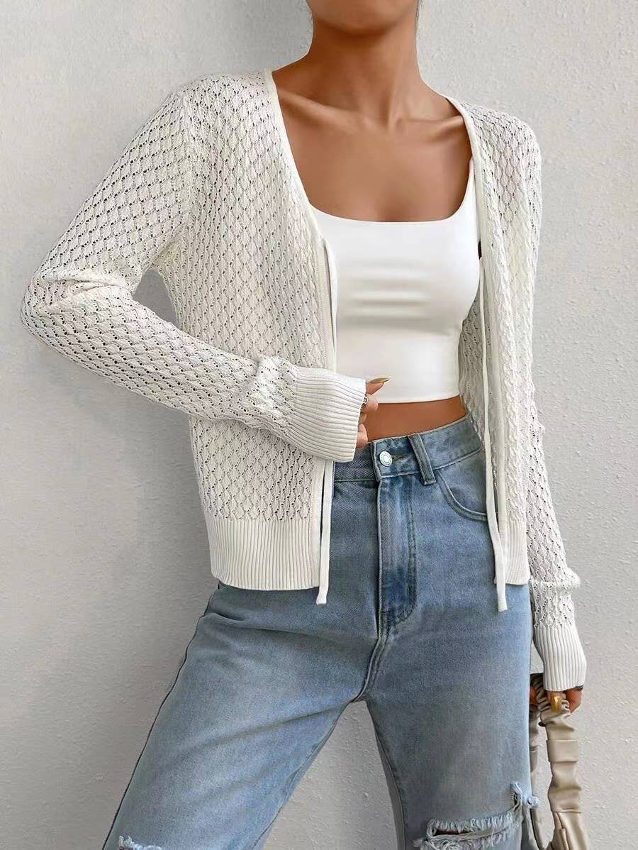 Lace-up cutouts long-sleeved knitted cardigan