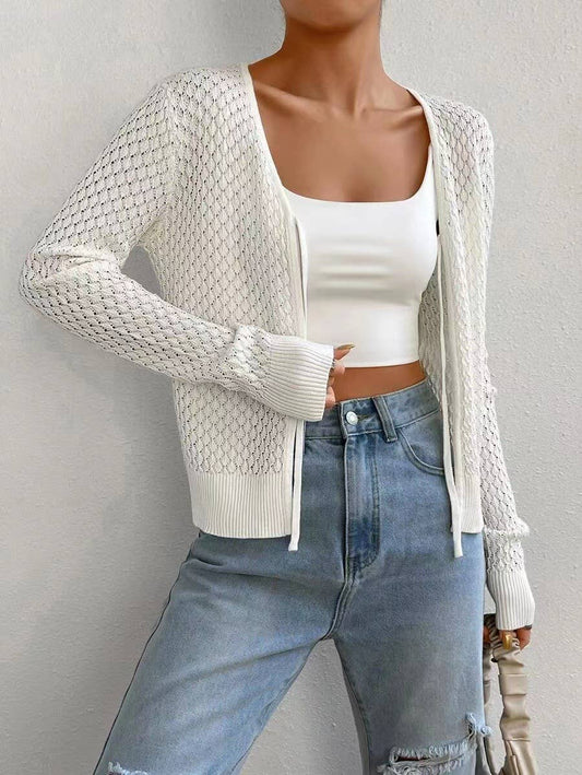 Lace-up cutouts long-sleeved knitted cardigan