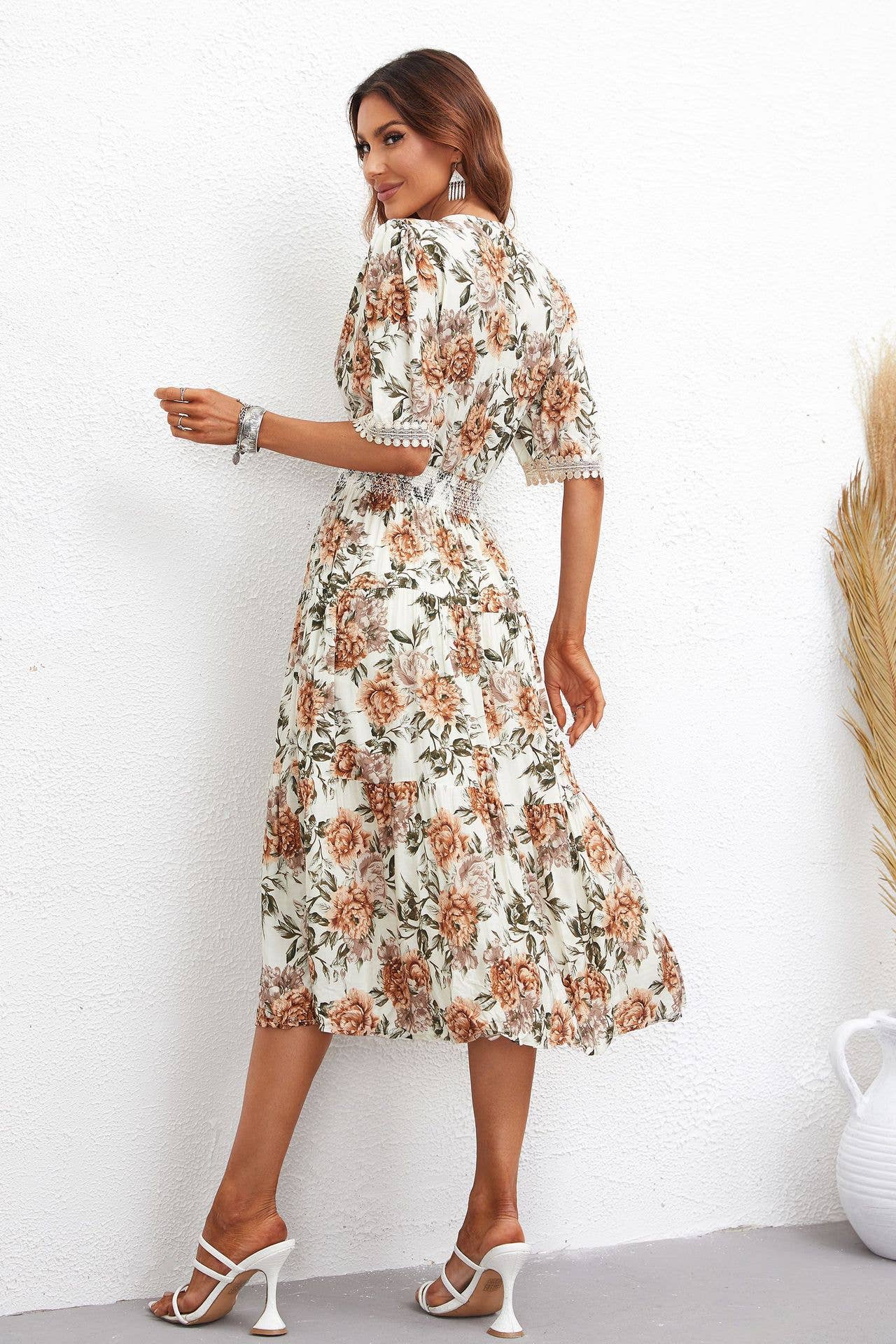 V-NECK FASHION PRINT LONG DRESS