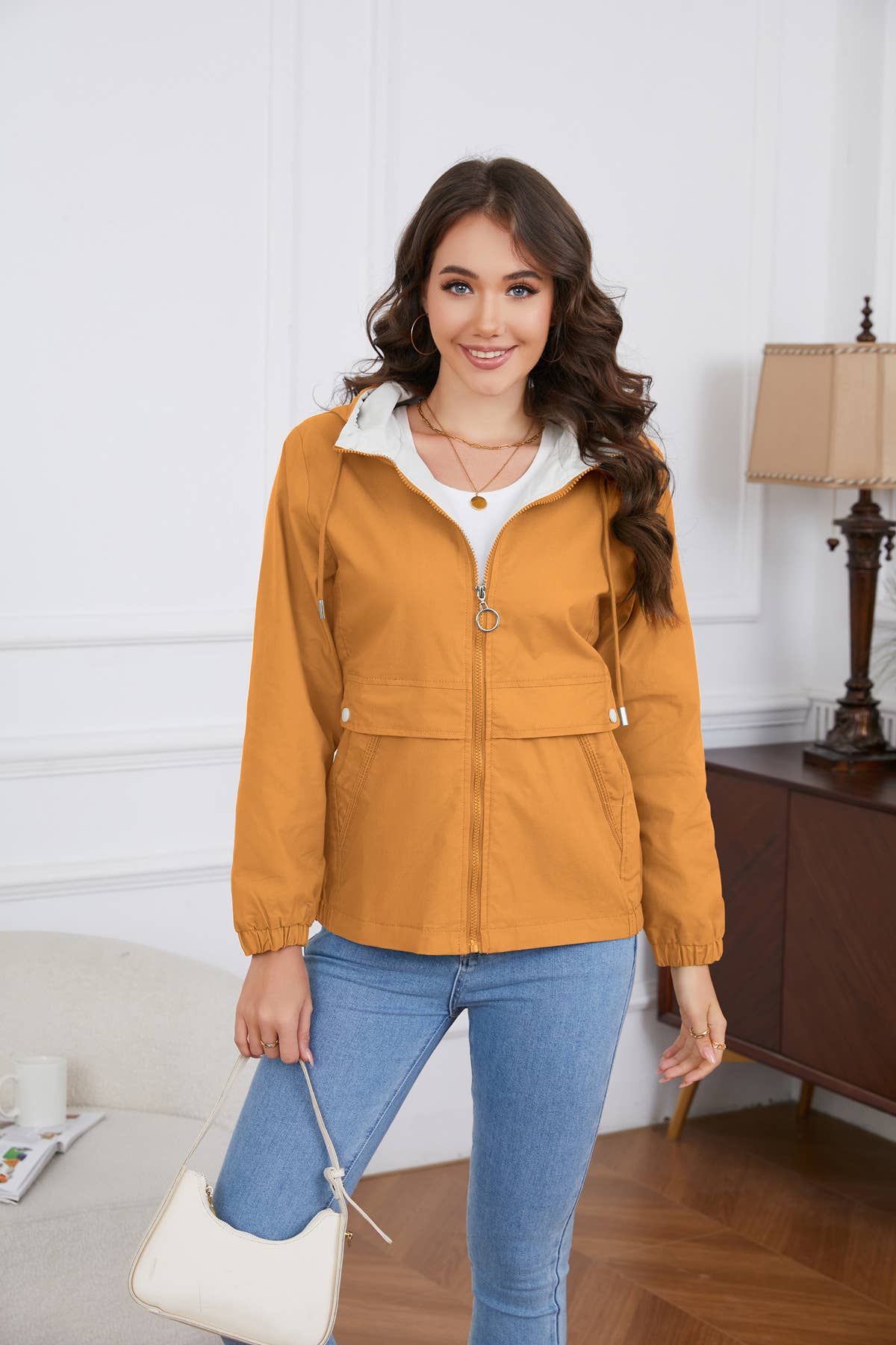 HOODED SOLID COLOR LONG SLEEVE TRENCH COAT