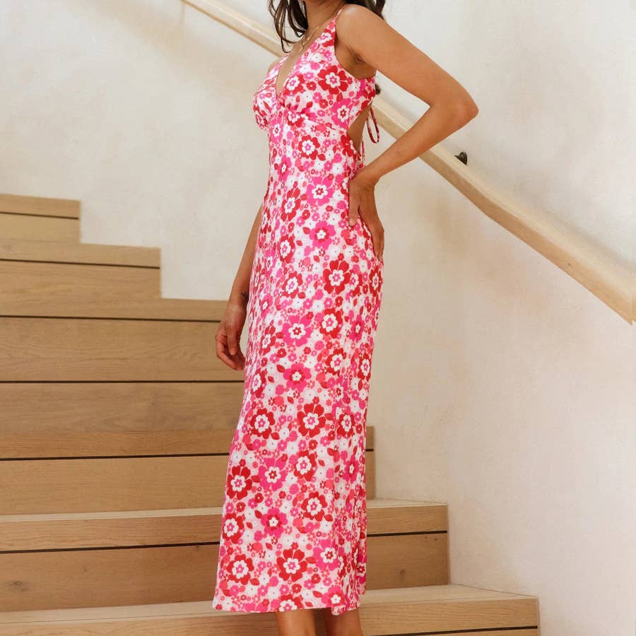 Sexy strapless lace floral long halter dress