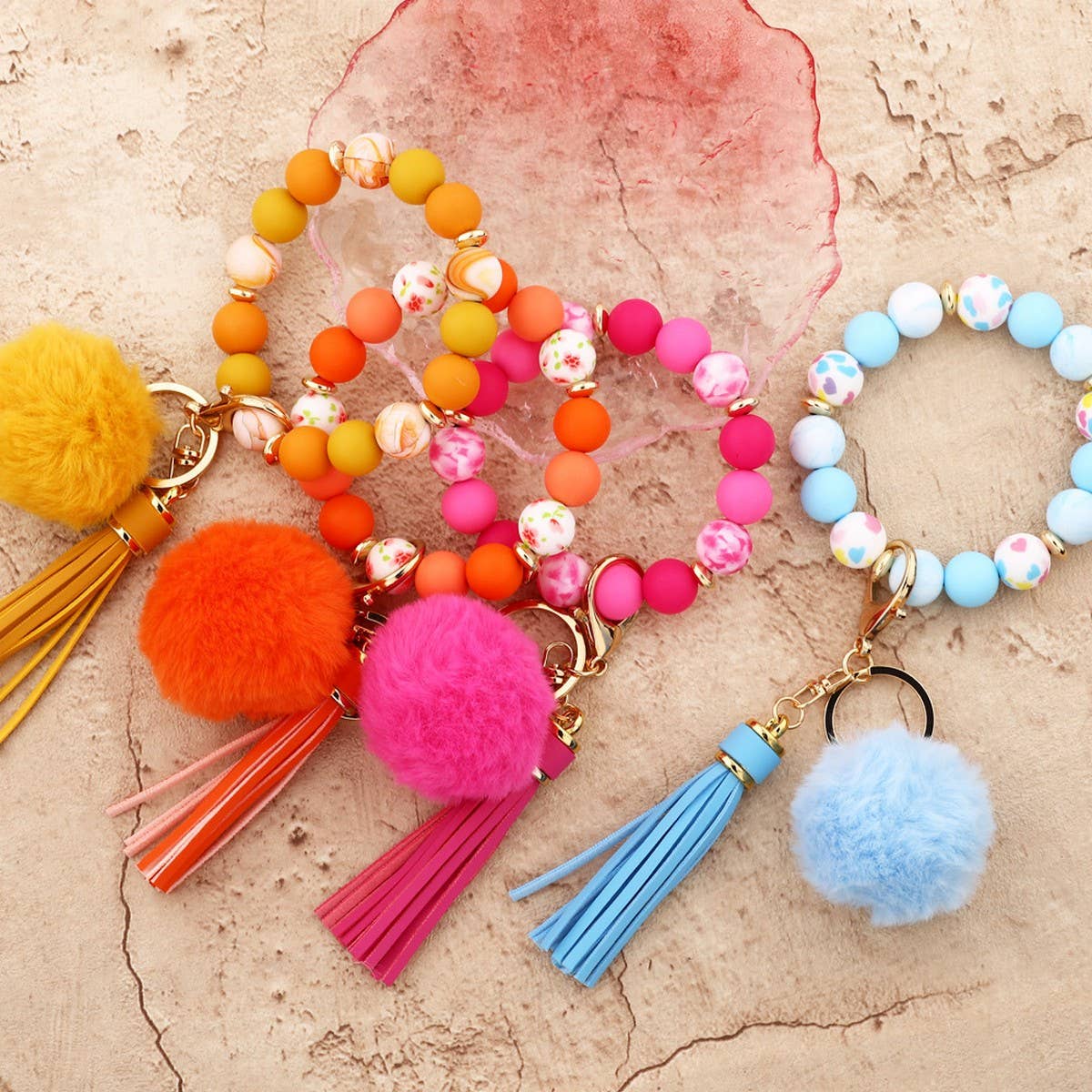 Pom-pom Tassel Keychain Silicone Bead Bracelet_CWAB5016