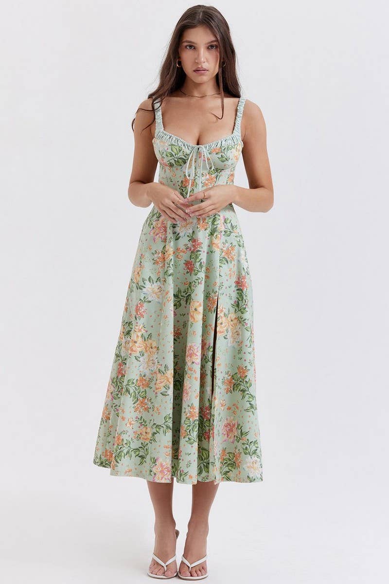 CWDMD5631_RUFFLED FLORAL SLIT SLING MIDI DRESS