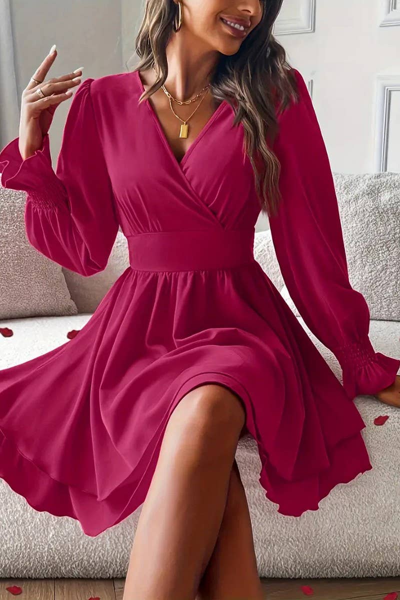 CWDSD8108_SUMMER V-NECK DOUBLE WAIST DRESS