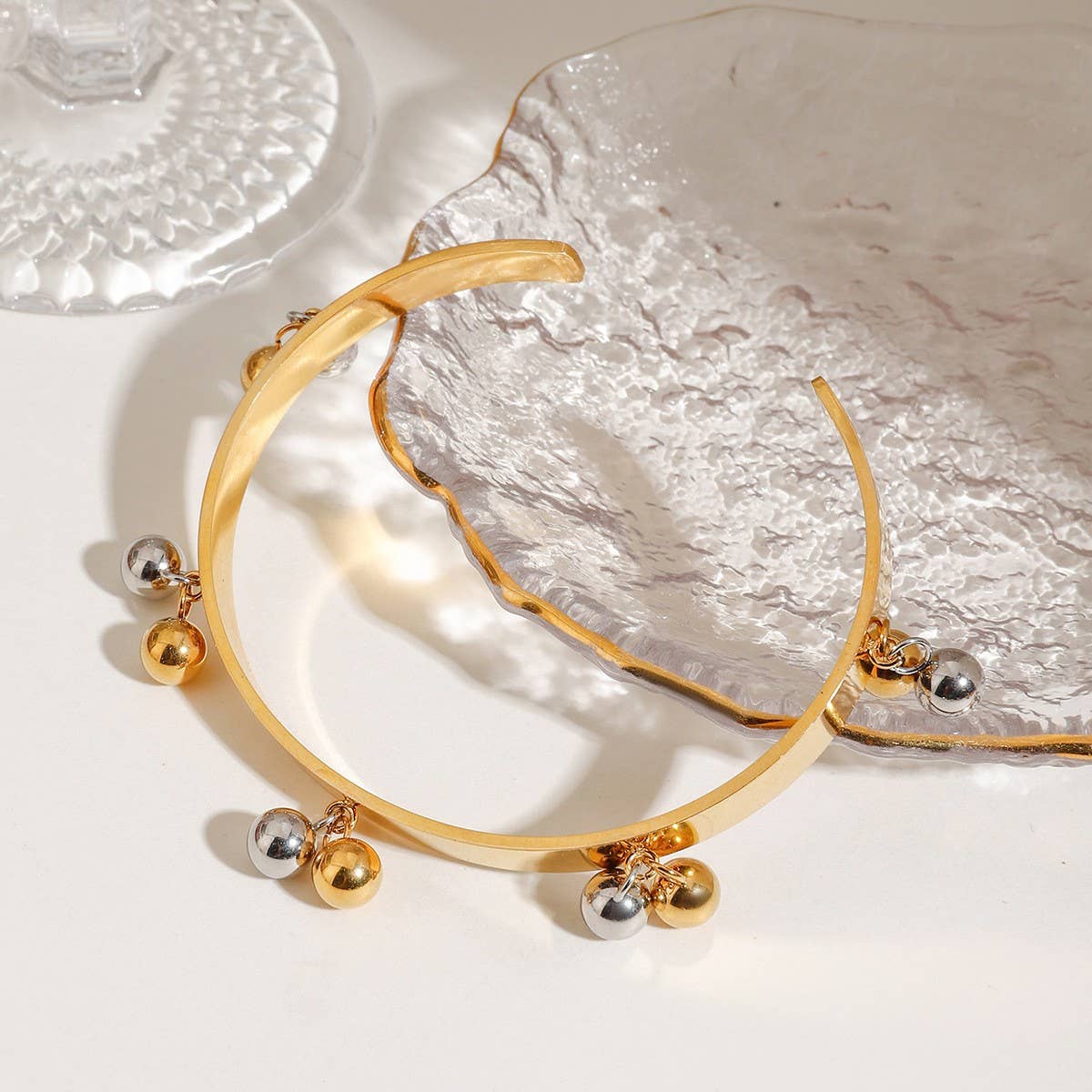 18K Gold Silver Bead Open Bangle, Trendy Style_CWAJE4670