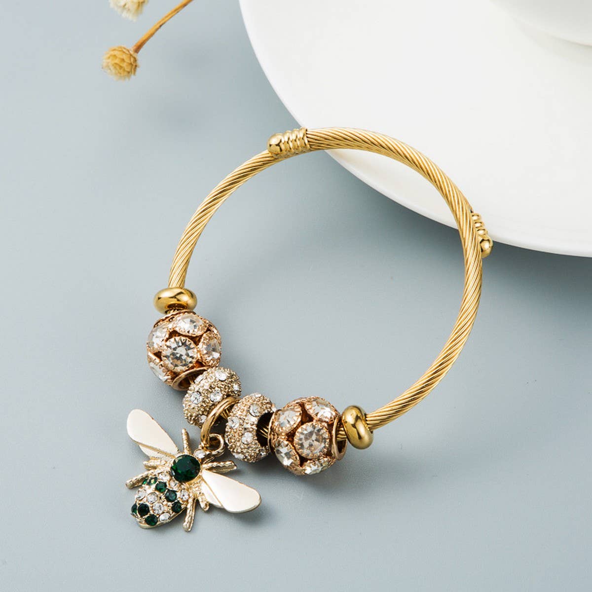 Gold Bee Charm Bracelet with Sparkle Beads