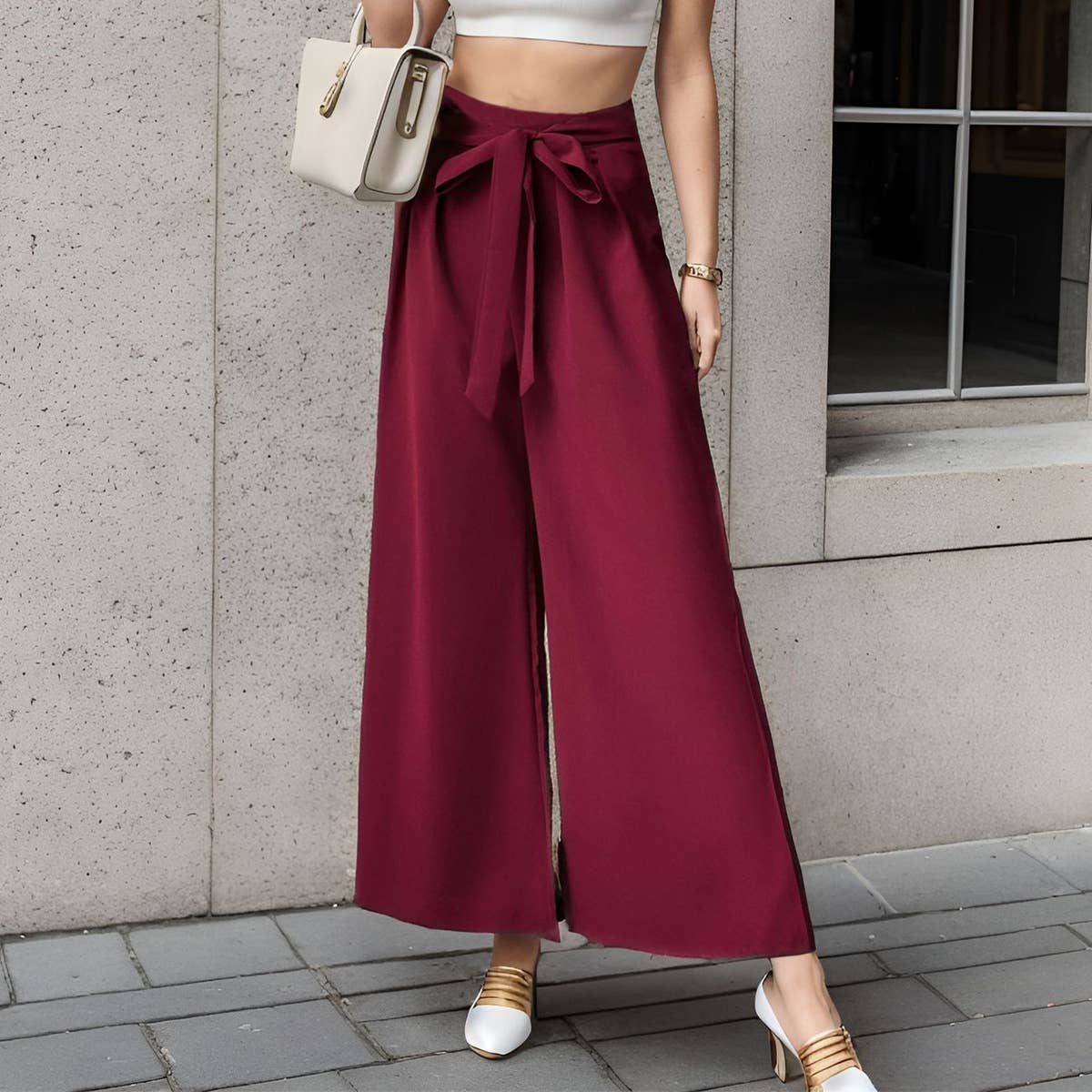 LACE-UP COMMUTER STYLE HIGH-WAISTED WIDE-LEG PANT