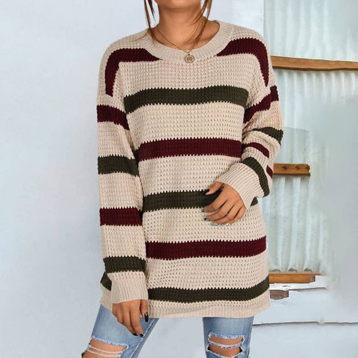 Pullover Mid-Length Striped Color Matching Sweater