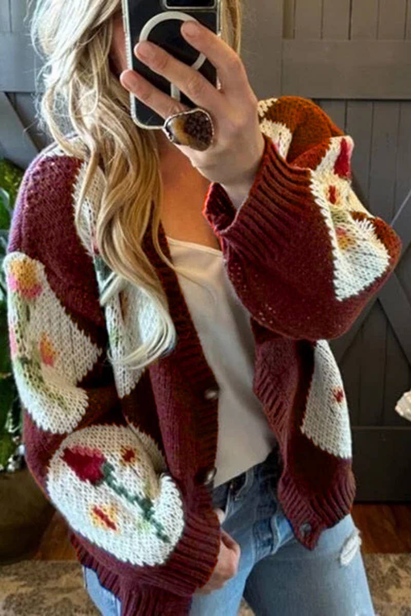 CWOCAL00568_CONTRASTING FLORAL JACQUARD-KNIT SWEATER COAT