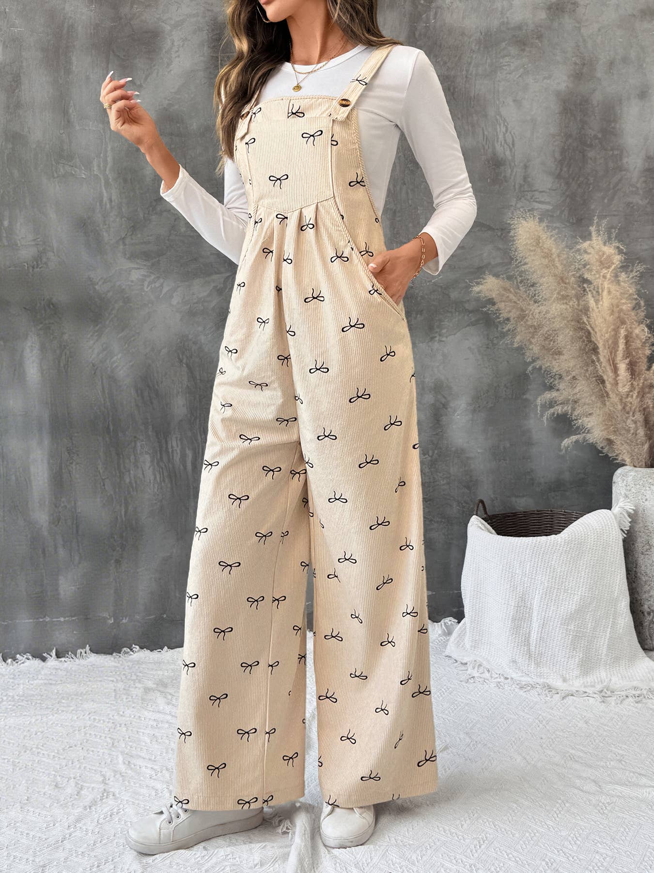 Bow-printed wide-leg one-piece overalls