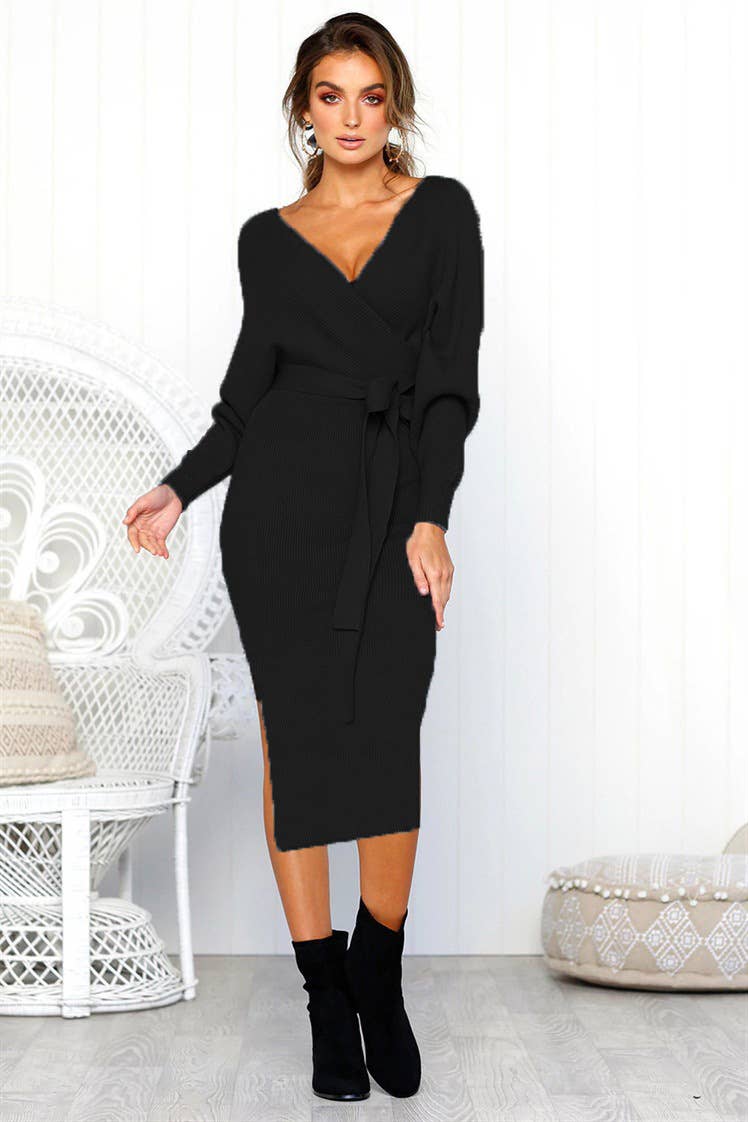 SEXY V-NECK LACE-UP LONG-SLEEVED DRESS