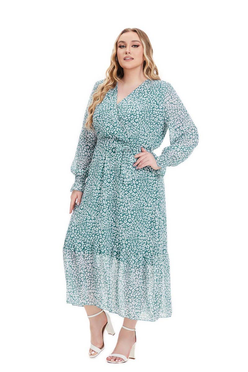 CWDMD3240_PLUS SIZE V NECK LONG SLEEVE FLORAL DRESS